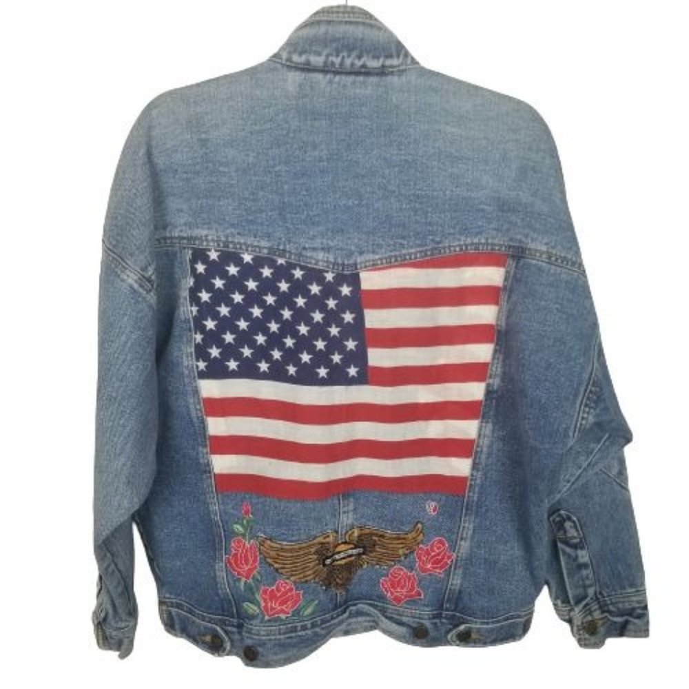 VTG 80's Womens Denim Jean Jacket Harley Davidson Patch Floral American Flag